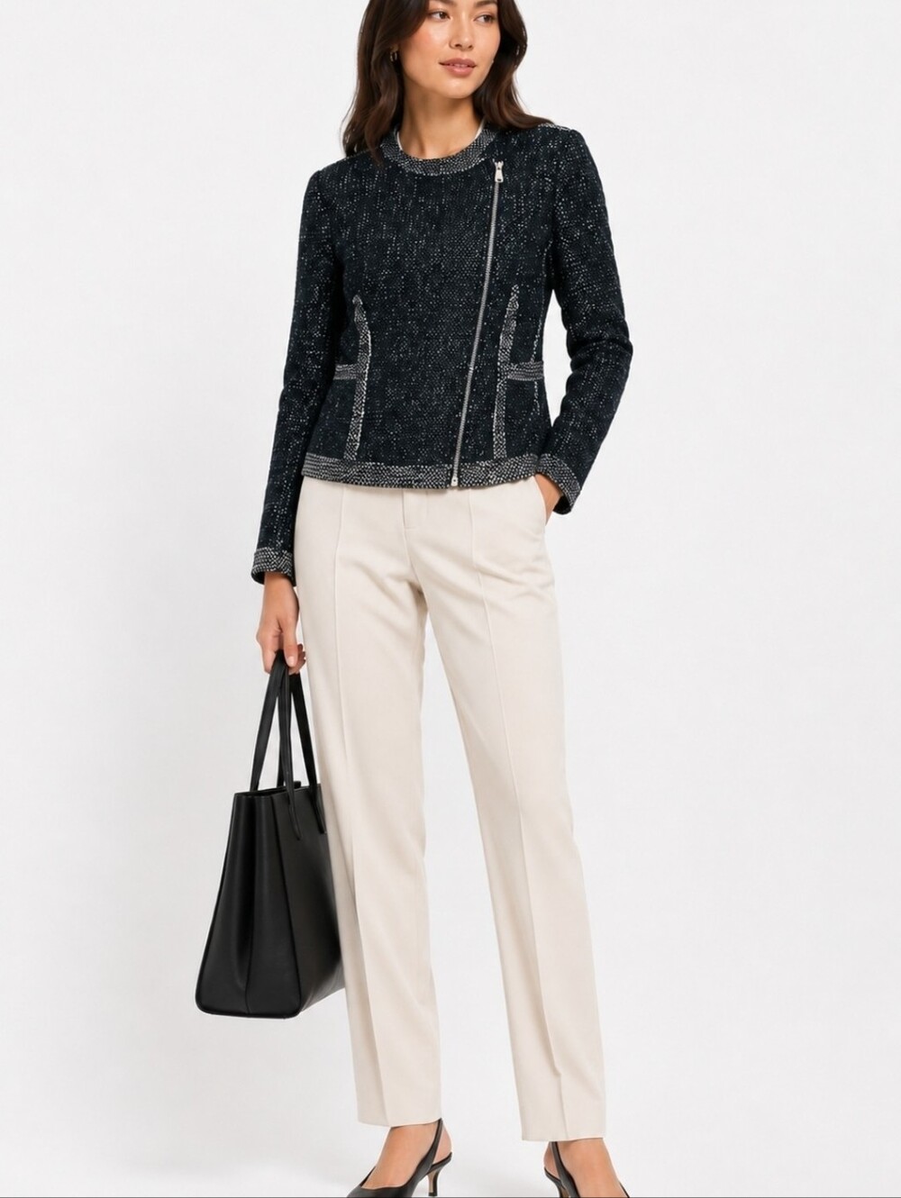 Rebecca Taylor Structured Tweed Moto Black & White Blazer Moto Jacket, Size 0